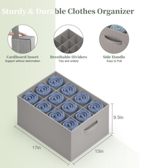 Jeans Organizer for Closet, 12 Cell Drawer Organizer Towel, Pants, T-Shirt, (2) - Picture 1 of 5